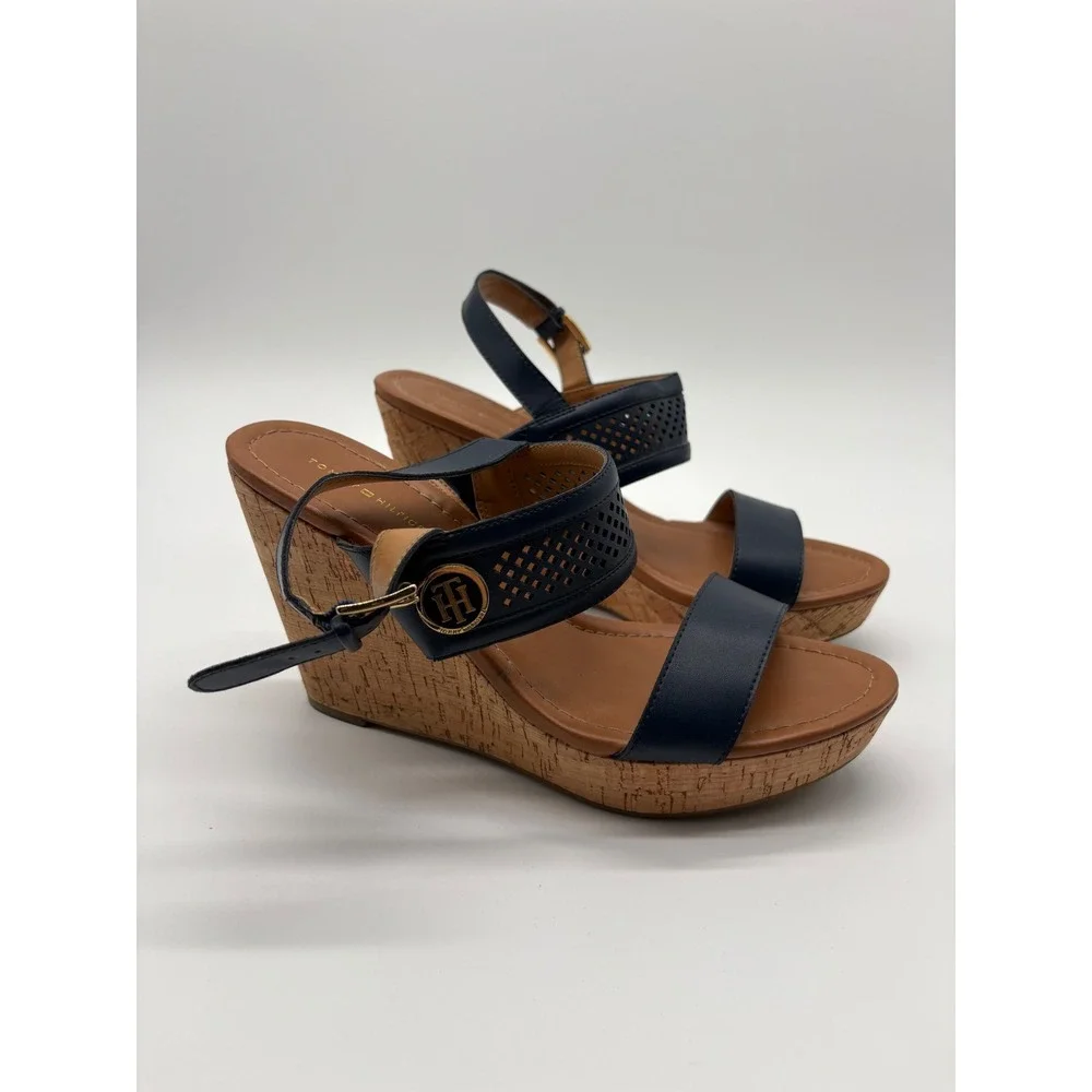 Tommy Hilfiger Wedge Sandals Womens 9.5 Navy Excellent Cork Heel Perforated